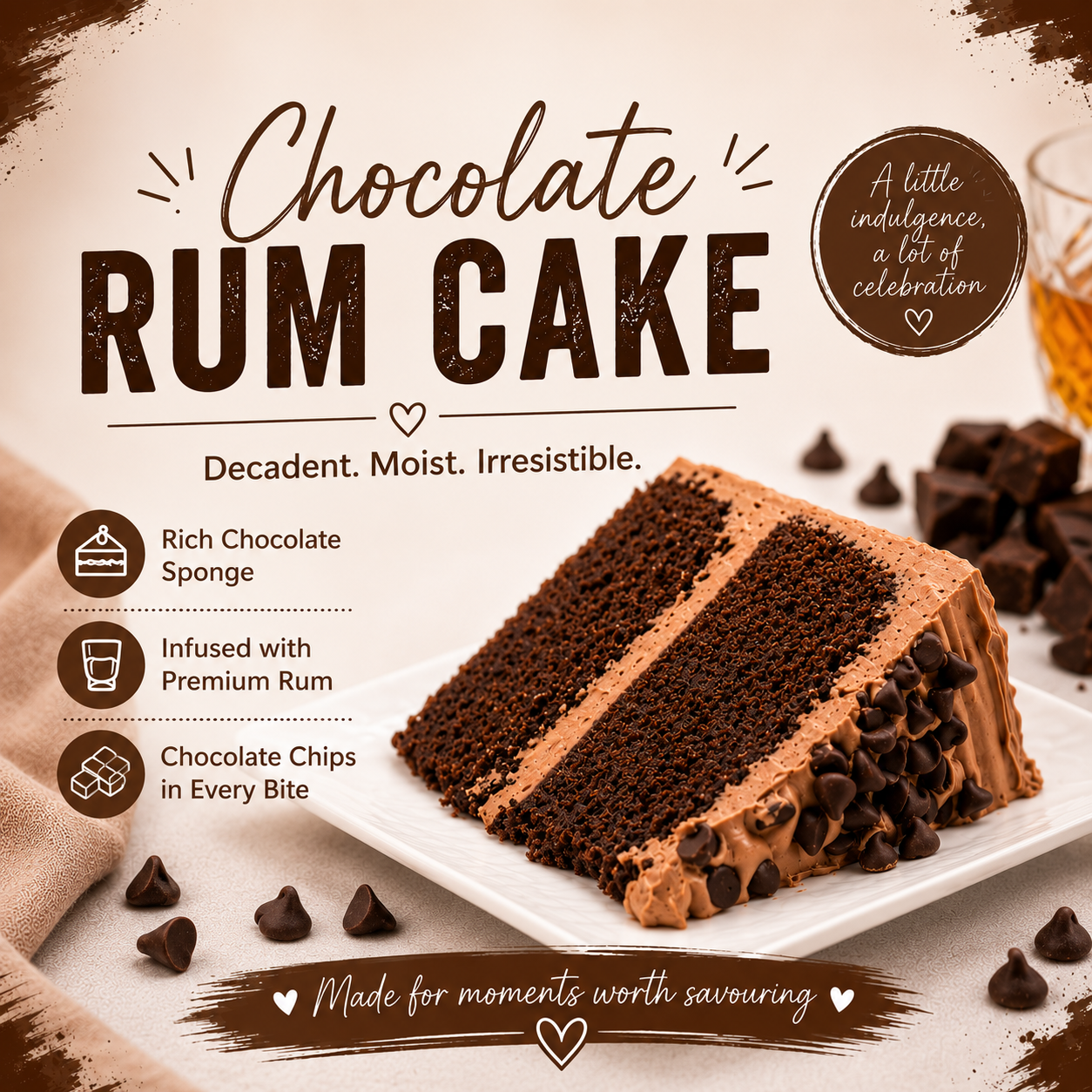 Chocolate Rum Cake Slice